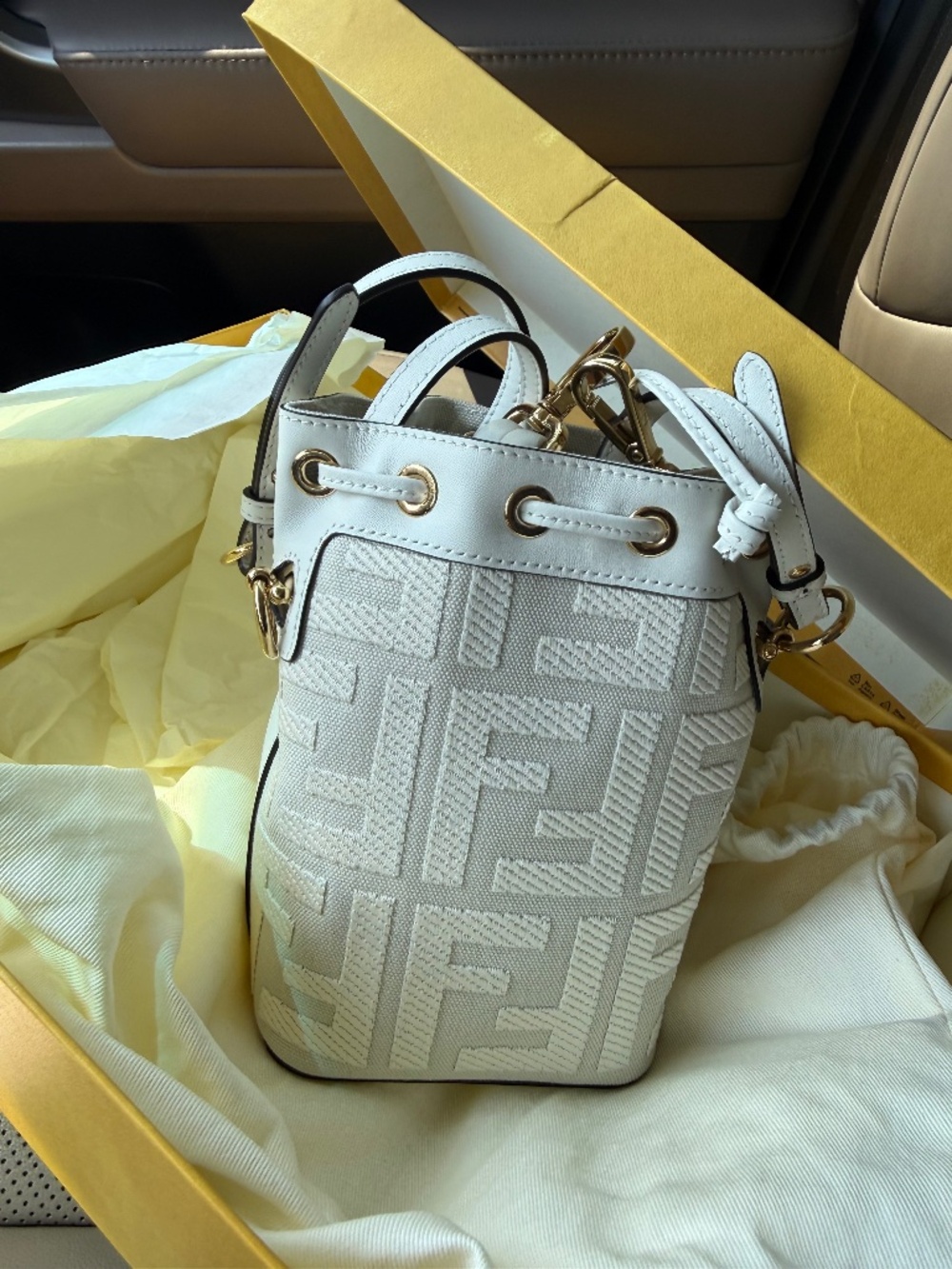 Fendi Mon Tresor Mini FF Bucket Bag White Fabric Leather